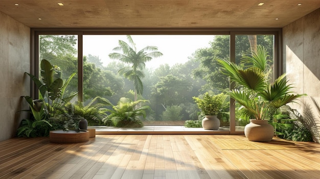 미니멀한 디자인을 가진 넓은 방, 초록색의 터치를위한 은 나무 바닥 식물, 현대적인 단순함, AI 생성