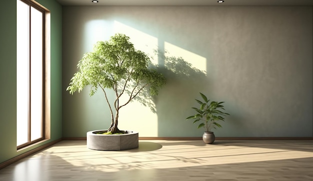 A spacious room with a serene sage green wall and a prominent Japanese bonsai tree AI Generated