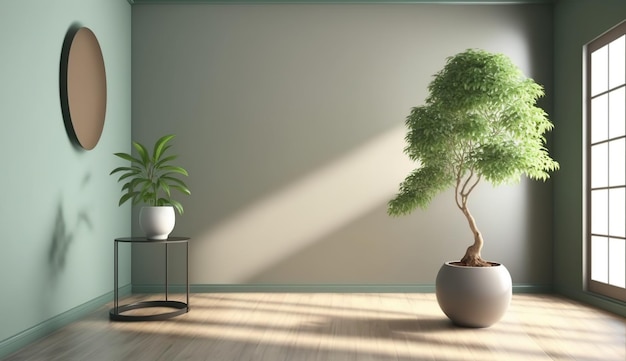 A spacious room with a serene sage green wall and a prominent Japanese bonsai tree AI Generated