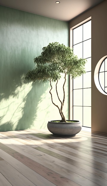 A spacious room with a serene sage green wall and a prominent Japanese bonsai tree AI Generated