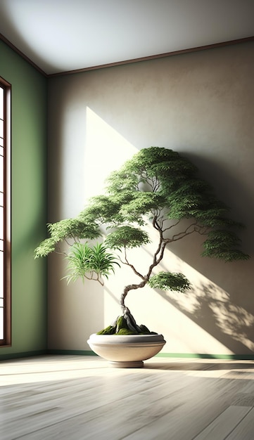 A spacious room with a serene sage green wall and a prominent Japanese bonsai tree AI Generated