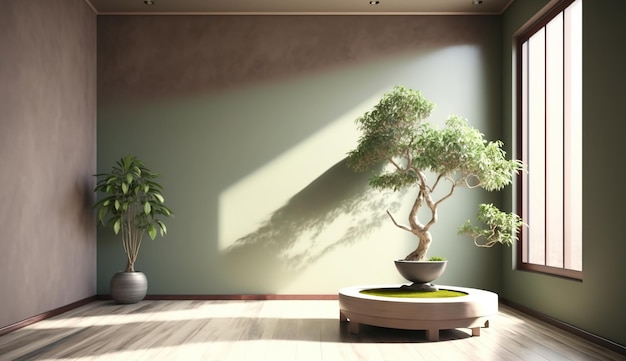 A spacious room with a serene sage green wall and a prominent Japanese bonsai tree AI Generated