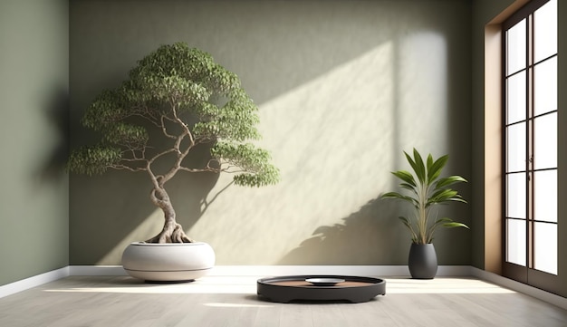 A spacious room with a serene sage green wall and a prominent Japanese bonsai tree AI Generated