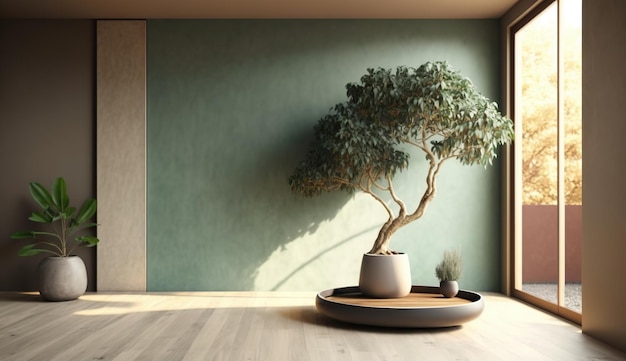 A spacious room with a serene sage green wall and a prominent Japanese bonsai tree AI Generated