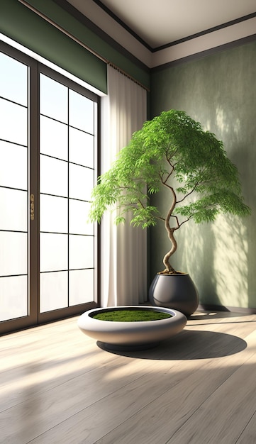 AIが生成した穏やかなセージグリーンの壁と目立つ日本の盆栽を備えた広々とした部屋
