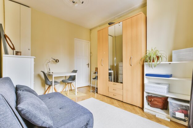 Spacious study room with table and shelves