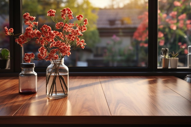 Spacious table in front of blurred kitchen windowideal backdrop for artistic presentations