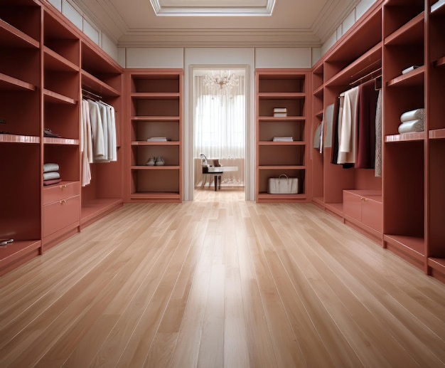 Spacious walkin closet with elegant wooden wardrobes and hardwood flooring