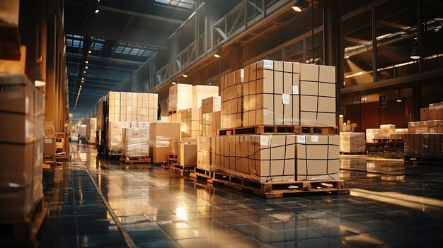 Spacious warehouse with neatly arranged cardboard boxes