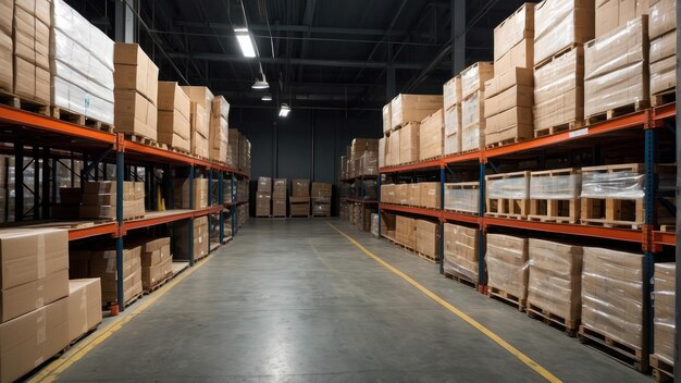 Photo spacious warehouse with tall shelving units and boxes