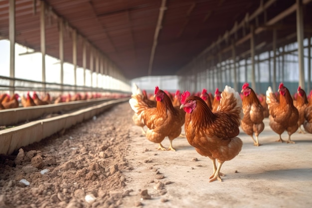 The spacious and well organized environment of a modern chicken farm with a close up shot of a chicken house Generative AI