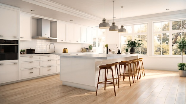 A spacious white kitchen interior showcasing clean lines and functionality