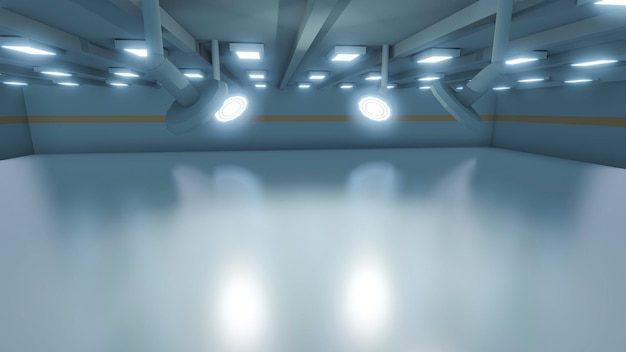 Просторный широкий пустой заводской интерьер фона с точечным освещением 3d-рендеринга иллюстрации