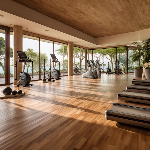 Spacious Wooden Floor Gym with Fitness Equipment