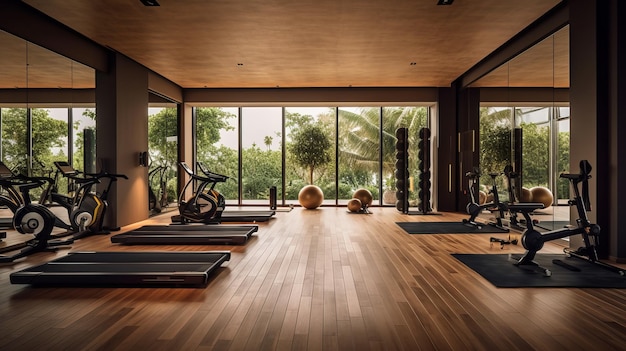 Spacious Wooden Floor Gym with Fitness Equipment