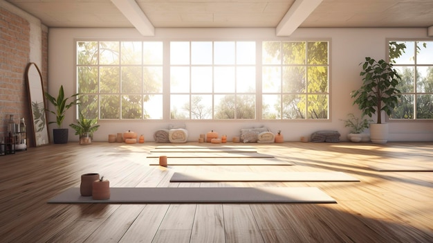 Spacious yoga studio with natural light wooden floors and mats ready for a class