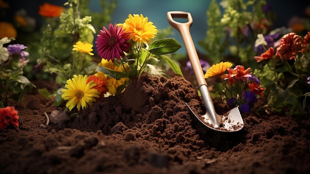 Spade and flowers in the garden planting flowers