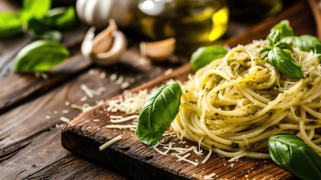 Spaghetti aglio e olio with basil and garlic on a rustic wooden board
