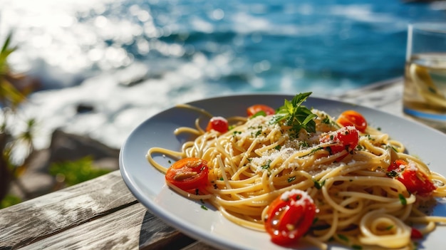 Spaghetti Aglio Olio against a Mediterranean seaside