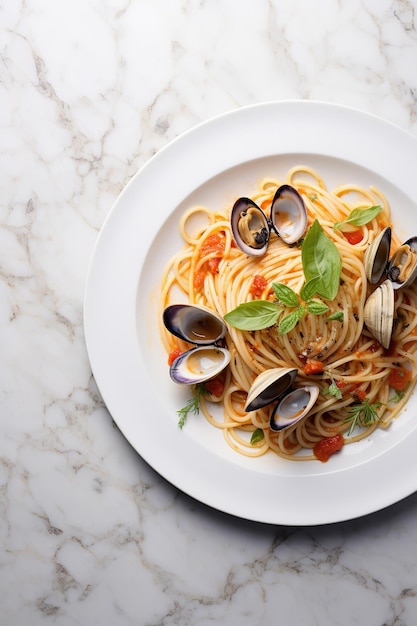 Spaghetti alle vongole in white plate on marble background Top view