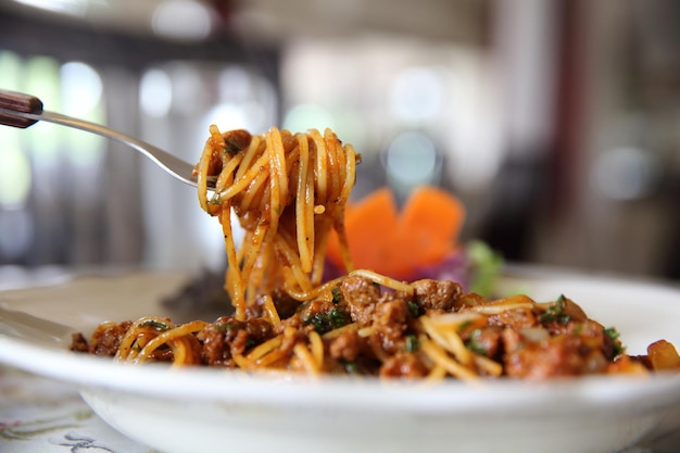 Spaghetti bolognese beef tomato sauce with vegetables italian food