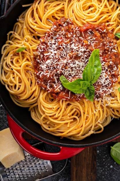 Spaghetti Bolognese in a cast iron pan