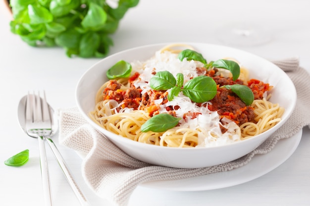 Spaghetti bolognese met basilicum en parmezaanse kaas, Italiaanse pasta