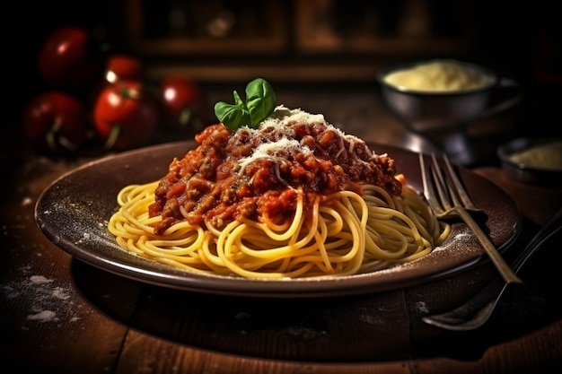 Spaghetti Bolognese met Parmezaanse kaas en basilicum