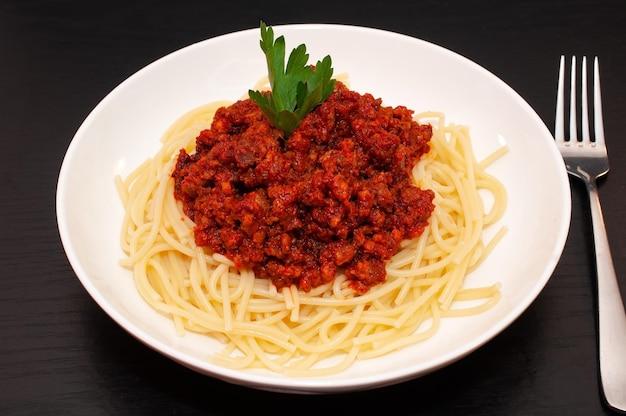 Spaghetti Bolognese pasta with tomato sauce and meat