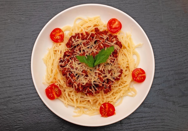 Spaghetti Bolognese pasta with tomato sauce and meat