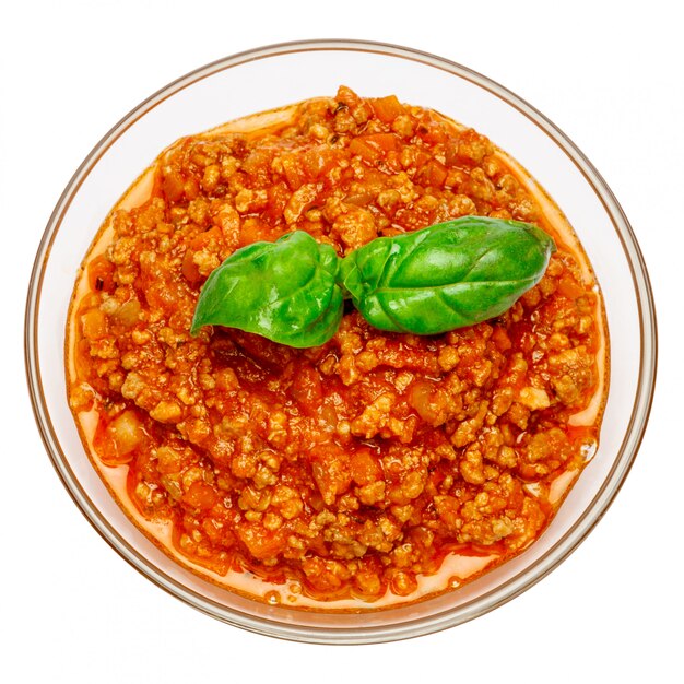 Spaghetti bolognese sauce in glass pot