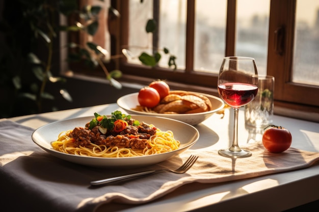 Photo spaghetti bolognese on the table in the kitchen near the window traditional italian dish