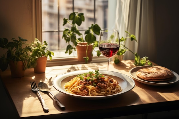 Photo spaghetti bolognese on the table in the kitchen near the window traditional italian dish