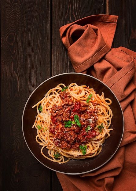 Spaghetti Bolognese top view closeup no people homemade