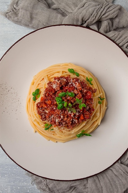 Spaghetti Bolognese top view closeup no people homemade