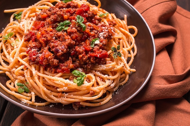 Spaghetti Bolognese top view closeup no people homemade