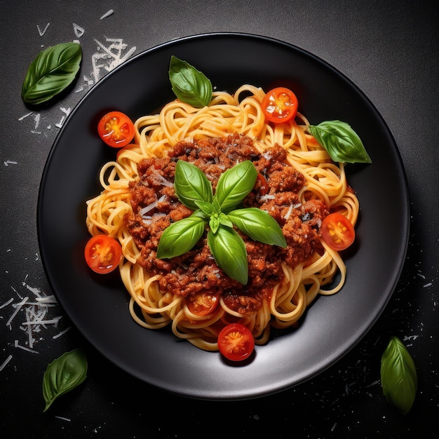 Spaghetti bolognese with basil in black bowl isolated on white background