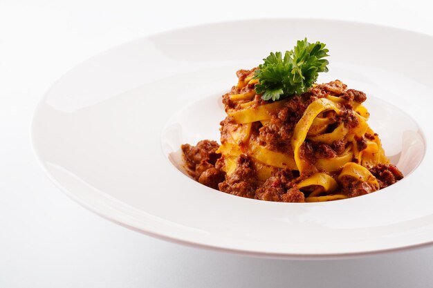 Spaghetti bolognese with minced beef on plate