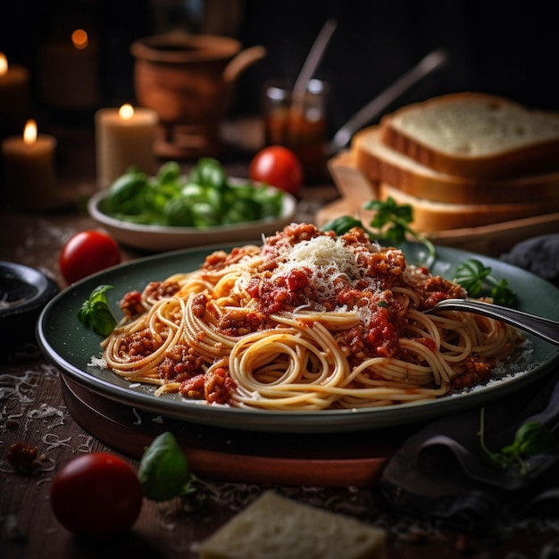 Spaghetti bolognese with parmesan cheese and basil