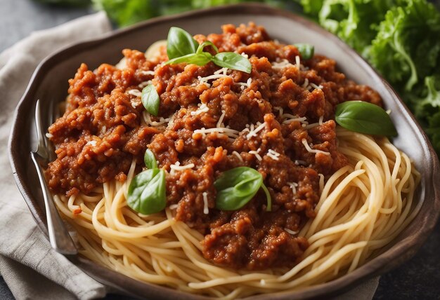 Foto spaghetti alla bolognese con parmigiano e foglie verdi fresche