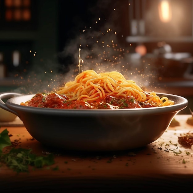木製のテーブル上の鉢にトマトソースのスパゲッティボローニーズ