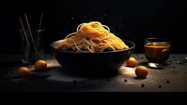 Spaghetti in a bowl on a dark wooden background Selective focus generative AI