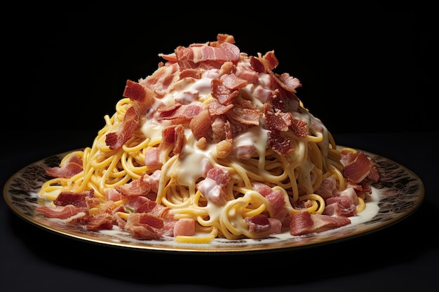 Spaghetti carbonara bacon cheese close up isolated on black background