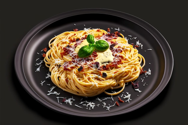 Foto spaghetti alla carbonara su piatto nero con salsa e formaggio