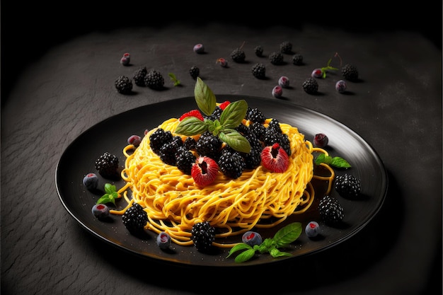 검은색 얕은 접시에 있는 스파게티 카르보나라와 딸기가 있는 어두운 배경