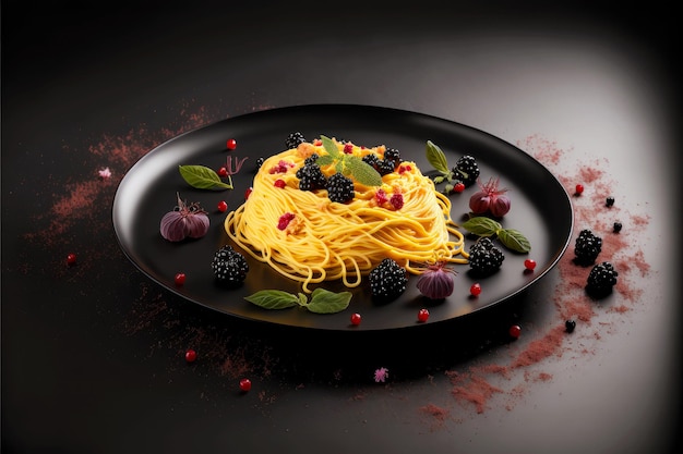 Spaghetti carbonara on black shallow plate and dark background with berries