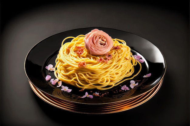 Spaghetti carbonara on glossy rose plate on black background