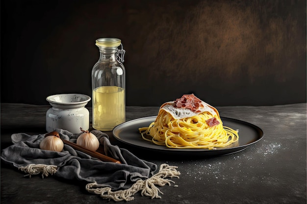 Spaghetti carbonara op grijs servet met kaas en kruik