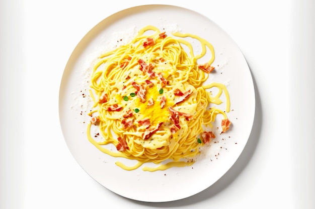 Spaghetti carbonara op ondiepe witte plaat op witte achtergrond
