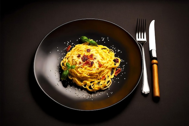 Spaghetti carbonara op zwarte ondiepe plaat op donkere achtergrond met vork in bruin servet